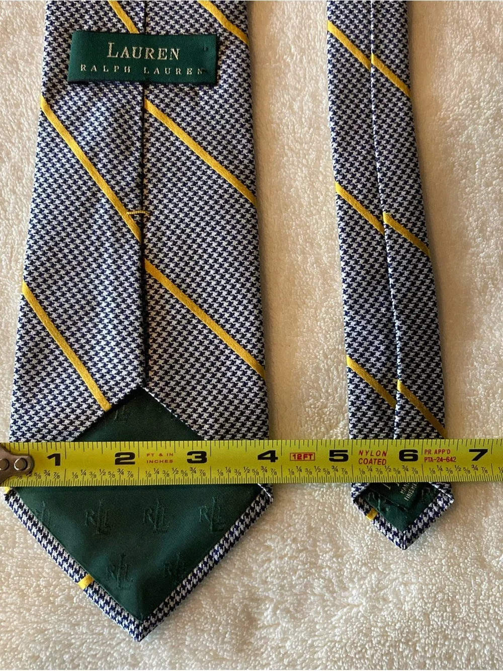 Lauren Ralph Lauren Mens 100% Silk Tie Blue/White Houndstooth Yellow Stripe USA.